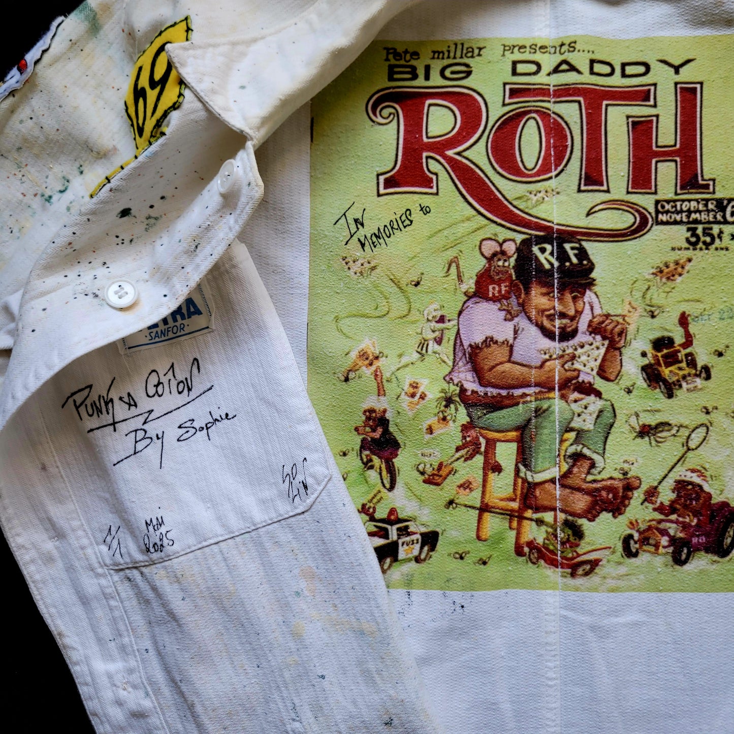 Veste de travail blanche "Triumph Unholy Terror" hommage à Ed Roth/ In love in memory to Big Daddy by Sophie - PUNK & COTON