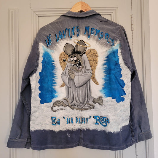 In loving memory of ED "Big Daddy" Roth handpainted french 50's moleskin jacket Rat Fink Angel - L'Insoumis Clothing