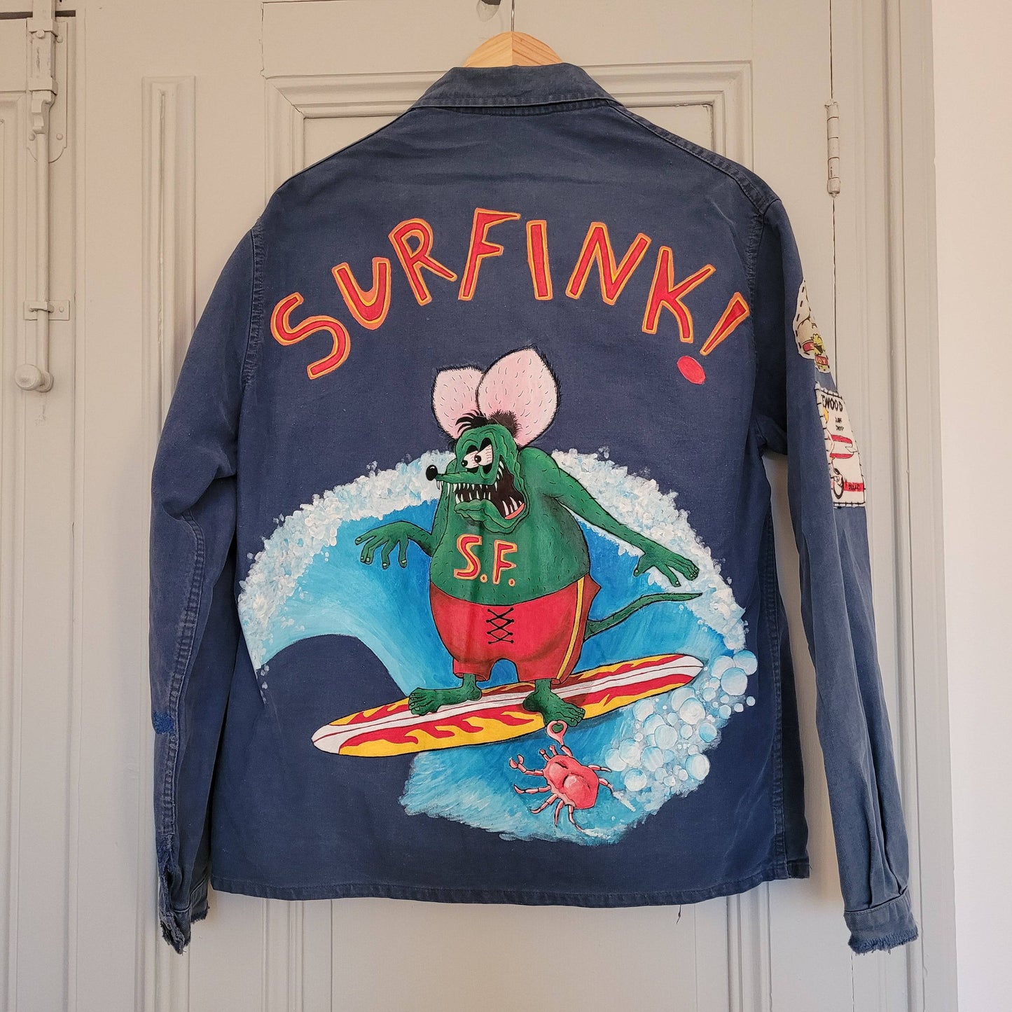 In loving memory of ED "Big Daddy" Roth handpainted french 50's workwear jacket SurFinkl - L'Insoumis Clothing