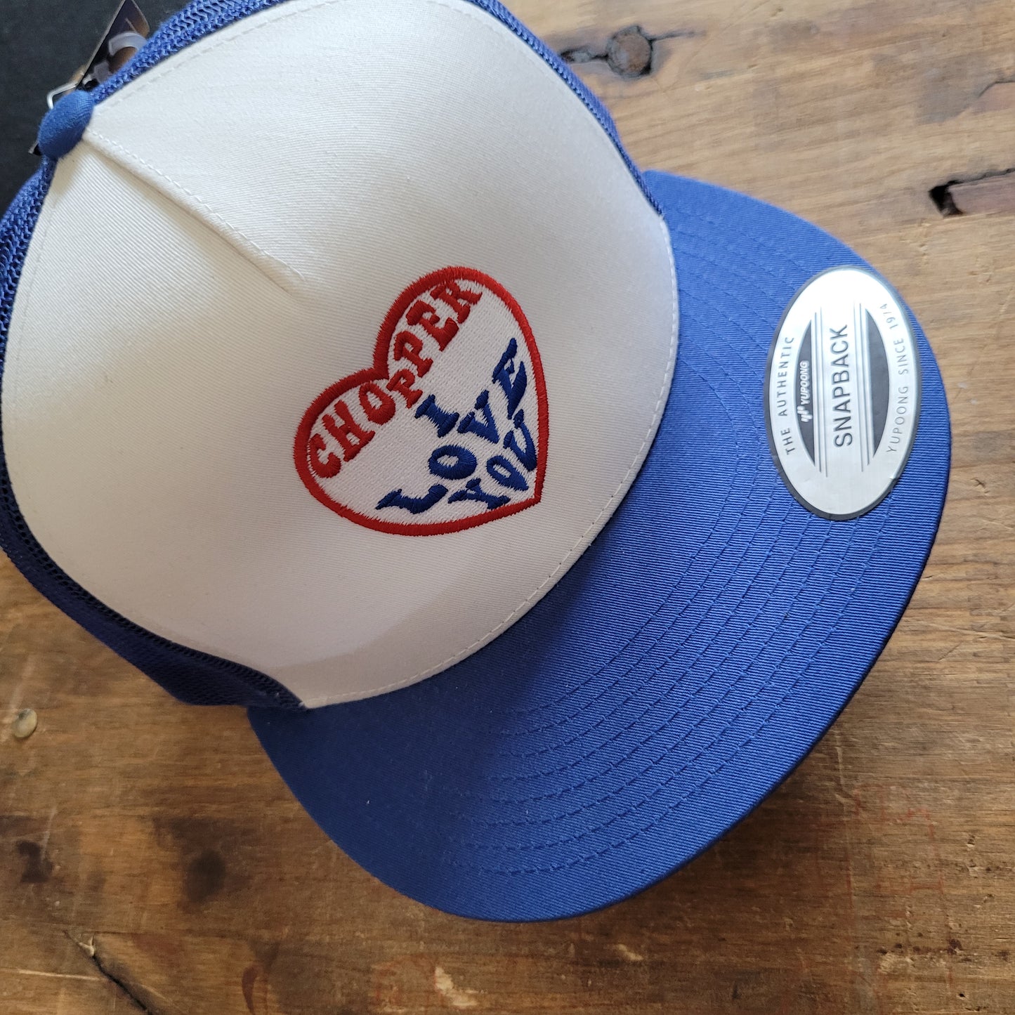 Trucker Cap  Brodé "CHOPPER I LOVE YOU" Version Fond Blanc / Bleu - PUNK & COTON