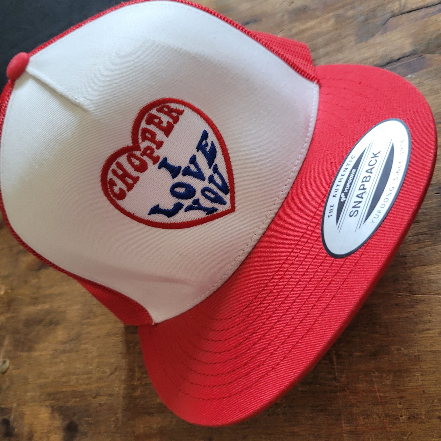 Trucker Cap  Brodé "CHOPPER I LOVE YOU" Version Fond Blanc / Rouge - PUNK & COTON