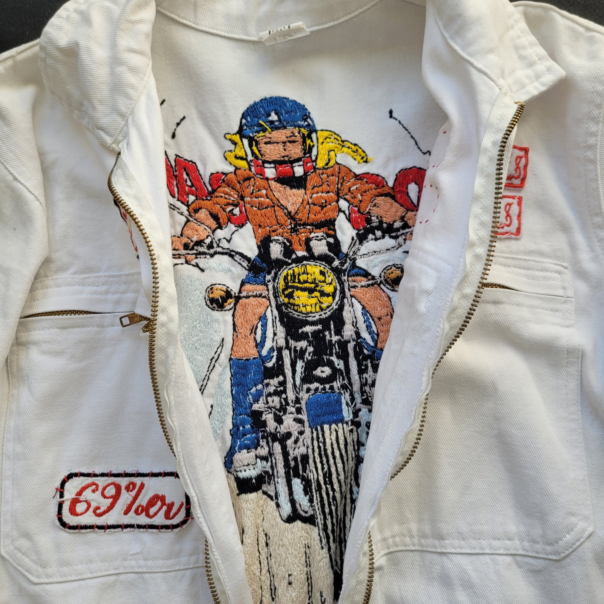 Handembroidery Vintage White Coverall "The Girl on motorcycle " signed by Punk and Coton - PUNK & COTON