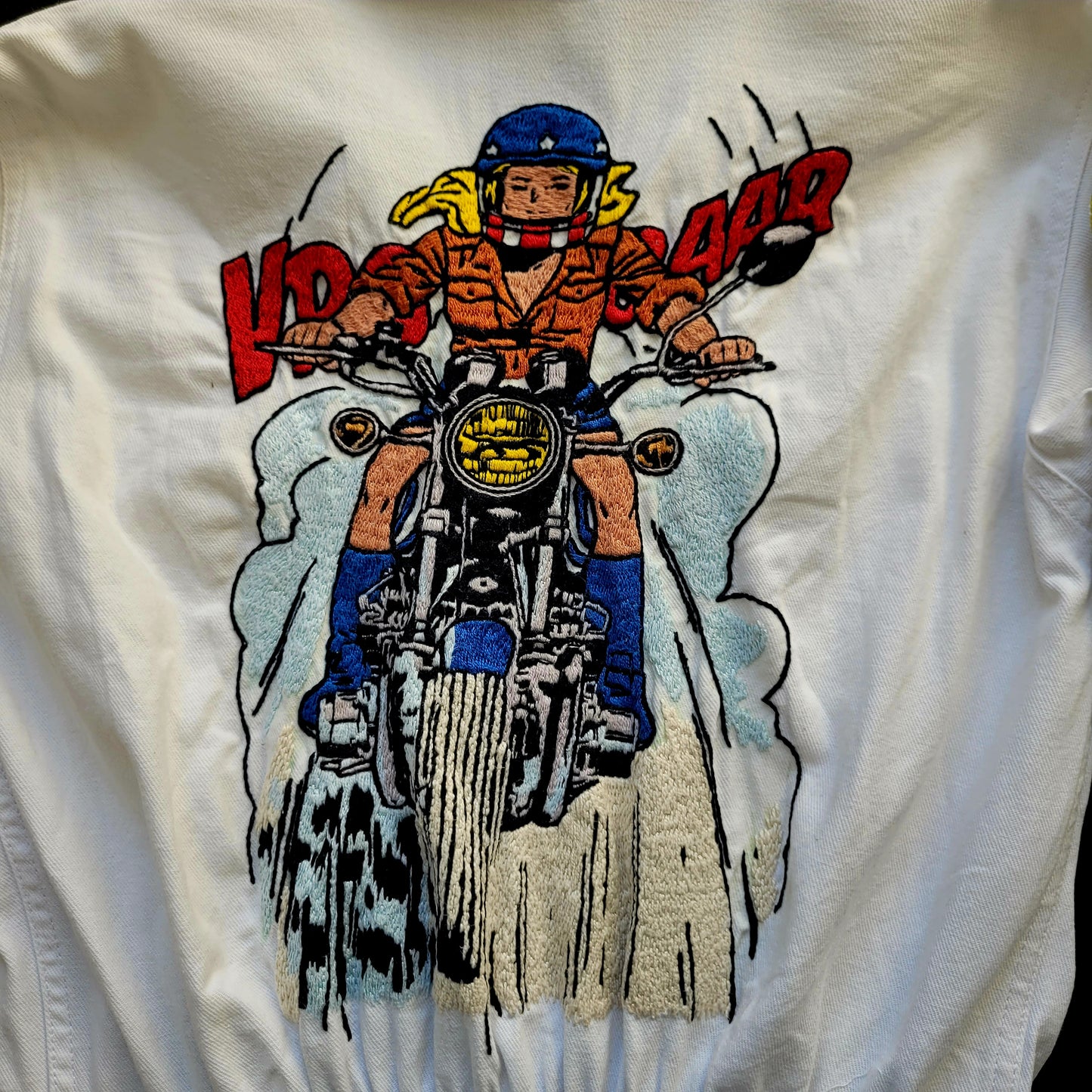 Handembroidery Vintage White Coverall "The Girl on motorcycle " signed by Punk and Coton - PUNK & COTON
