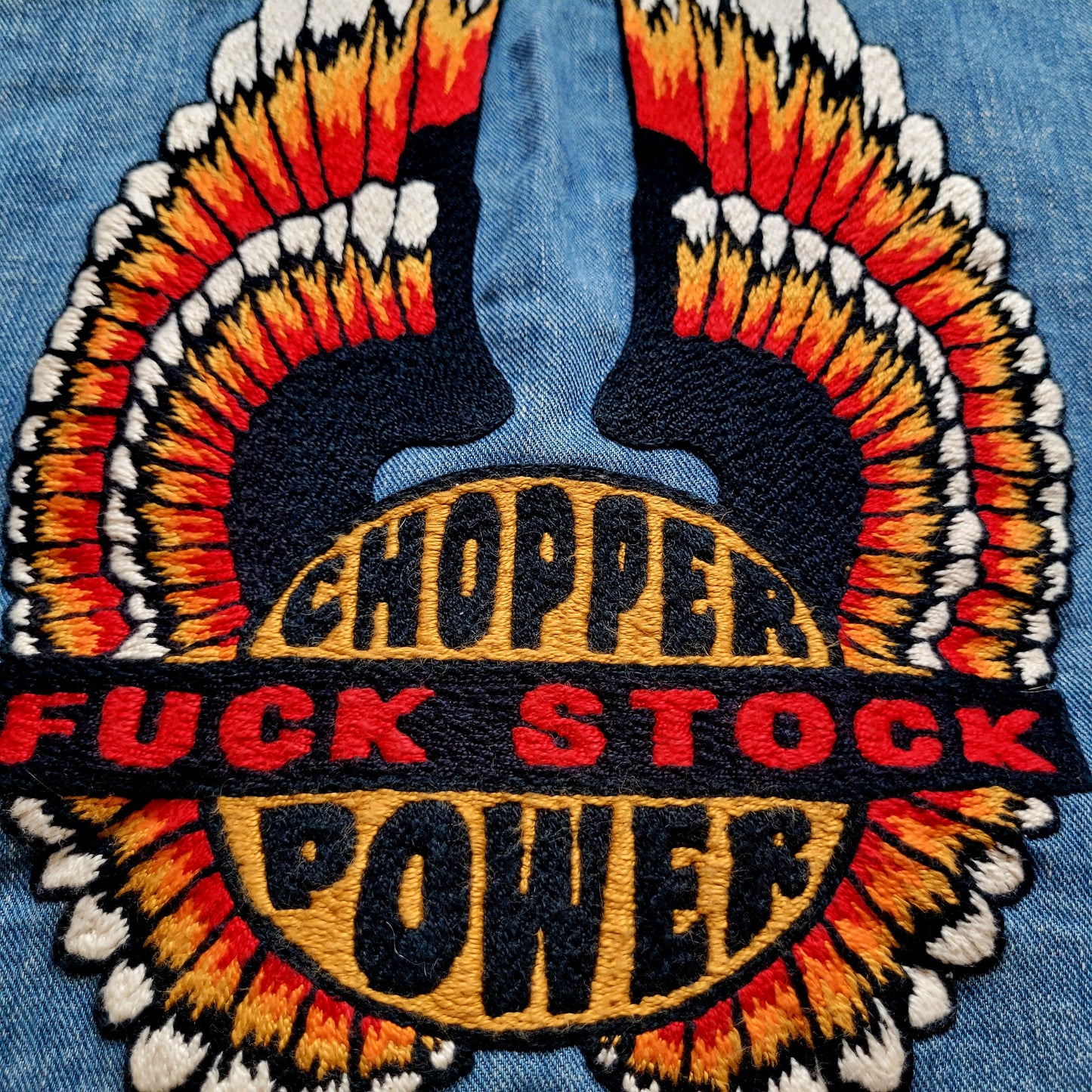 Jacket Storm Rider "Chopper Power Fuck Stock" brodée à la main par Sophie - PUNK & COTON