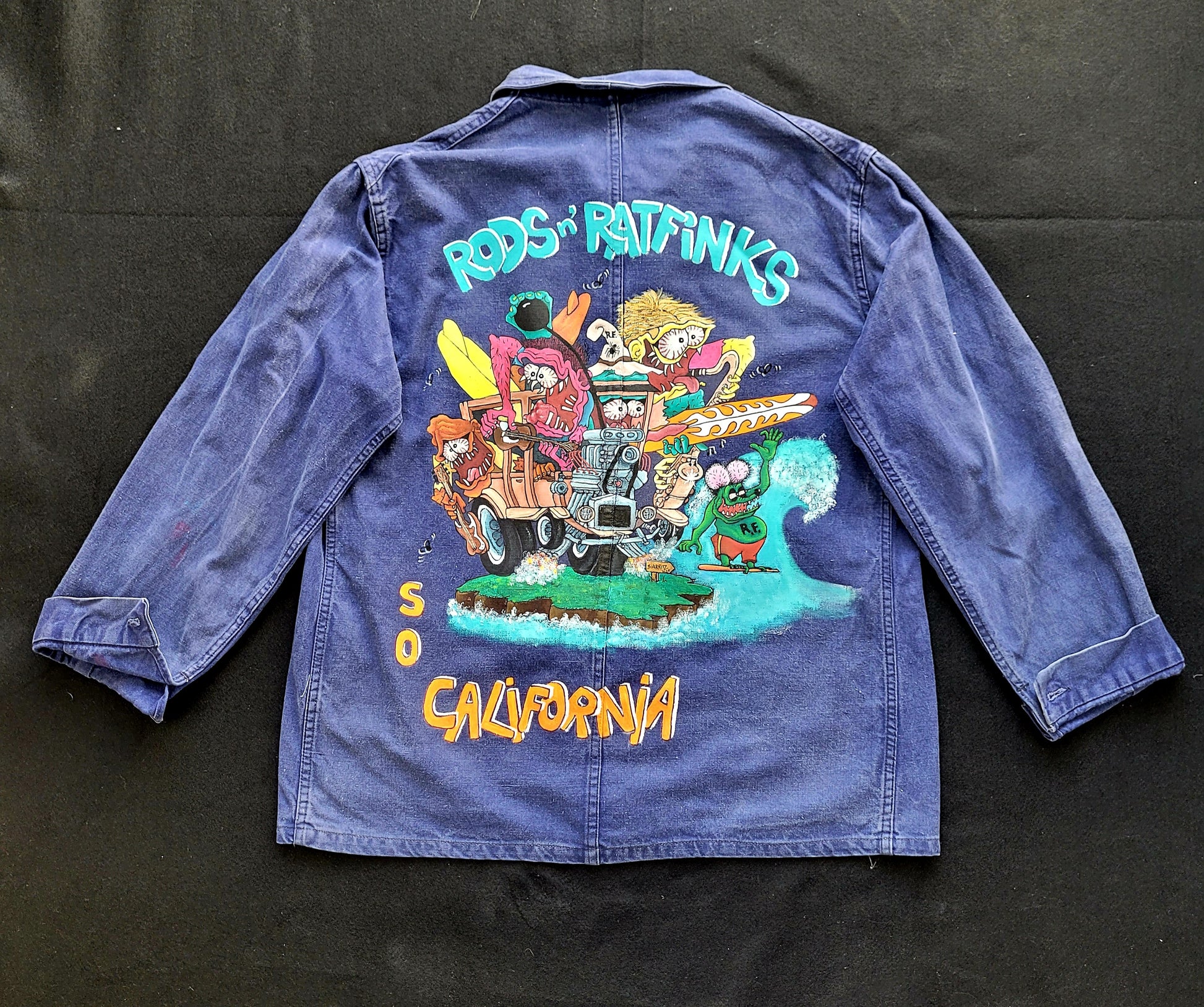In loving memory of ED "Big Daddy" Roth handpainted french 70s jacket Rat Fink Hotrod California - PUNK & COTON