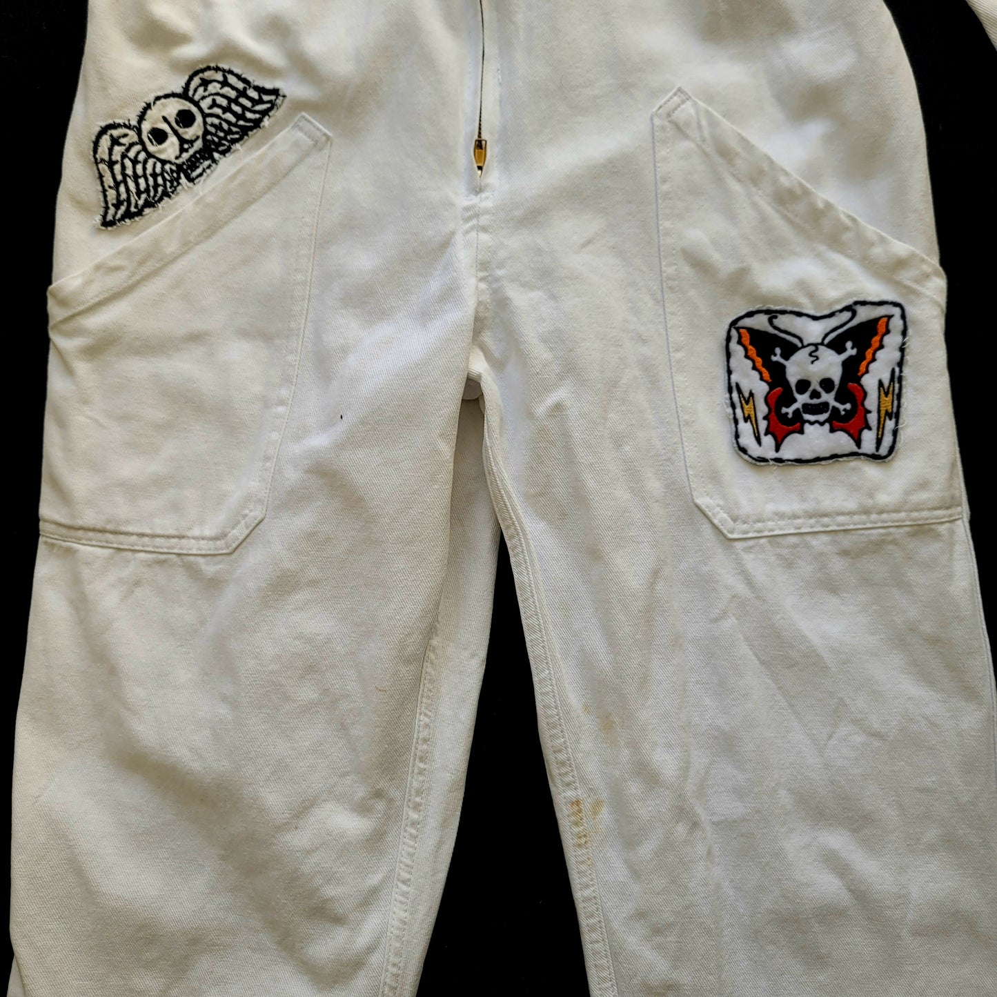 Handembroidery Vintage White Coverall "The Girl on motorcycle " signed by Punk and Coton - PUNK & COTON