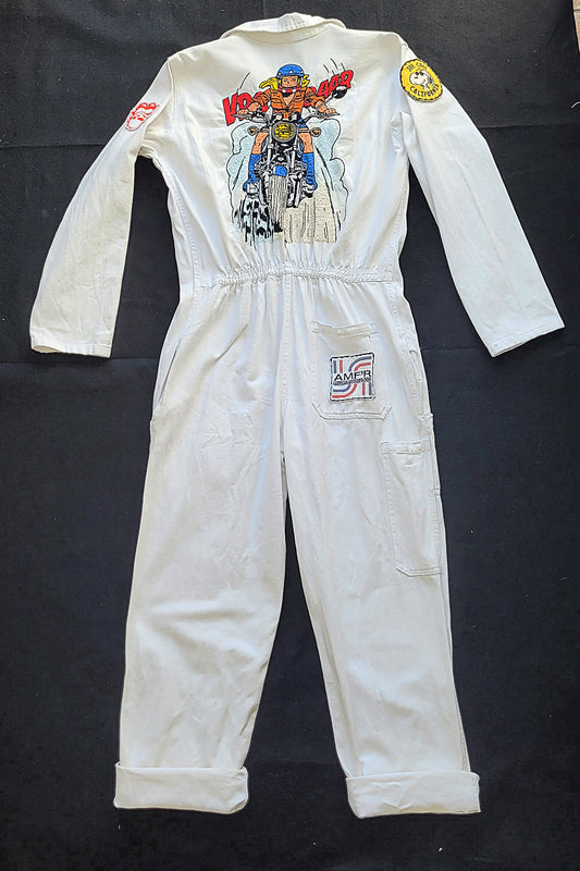 Handembroidery Vintage White Coverall "The Girl on motorcycle " signed by Punk and Coton - PUNK & COTON