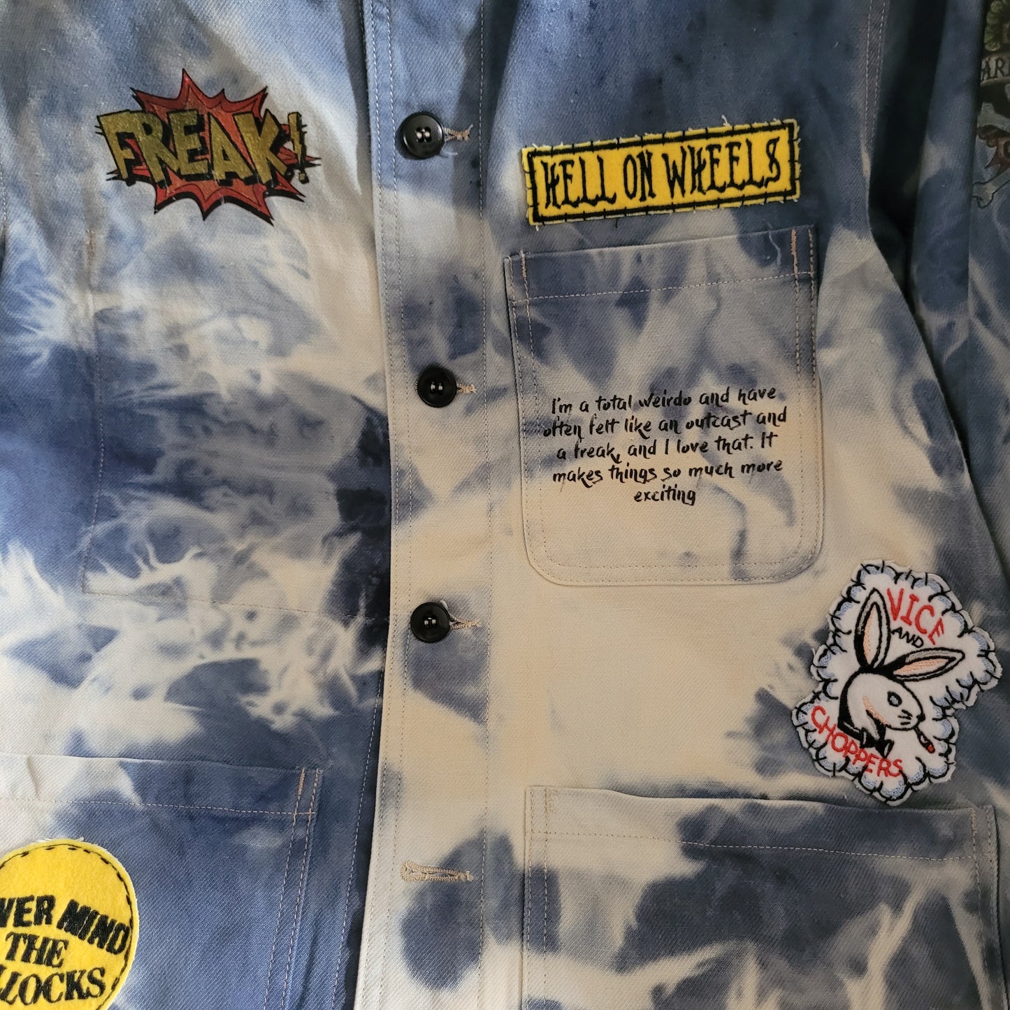 New French Workwear Jacket bleached in loving  memory to the artist Pan signed by the Shop Punk and Coton