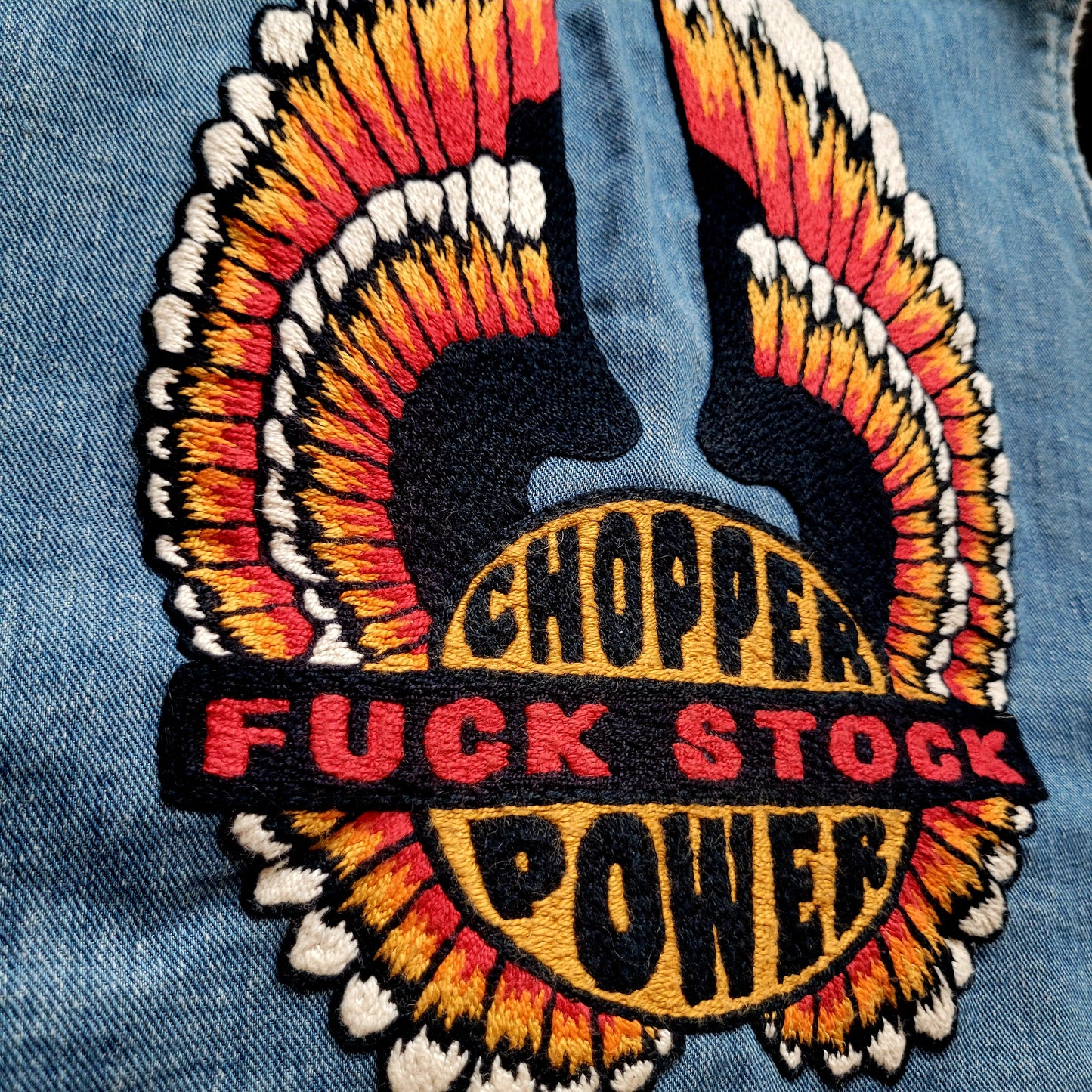 Jacket Storm Rider "Chopper Power Fuck Stock" brodée à la main par Sophie - PUNK & COTON