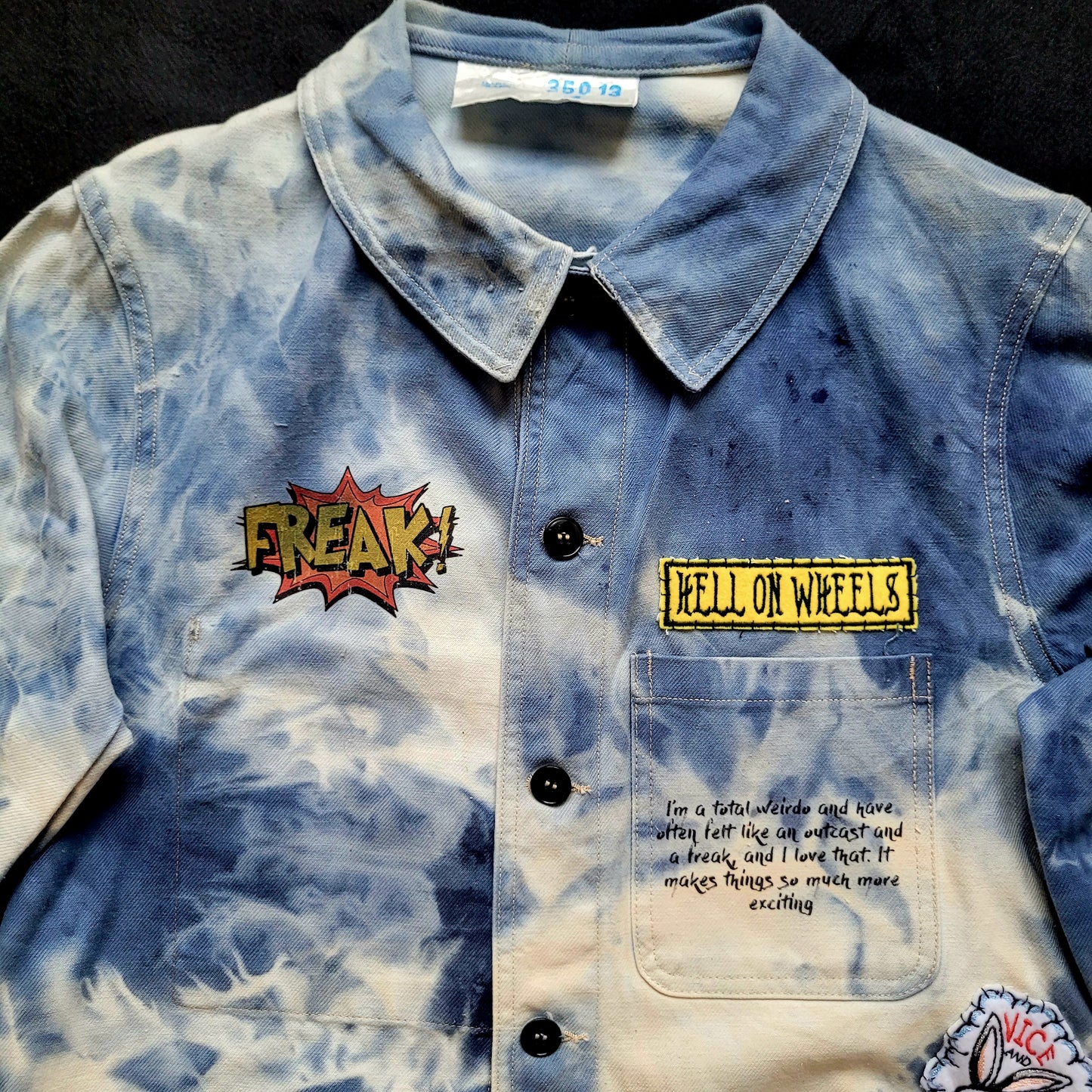 New French Workwear Jacket bleached in loving  memory to the artist Pan signed by the Shop Punk and Coton