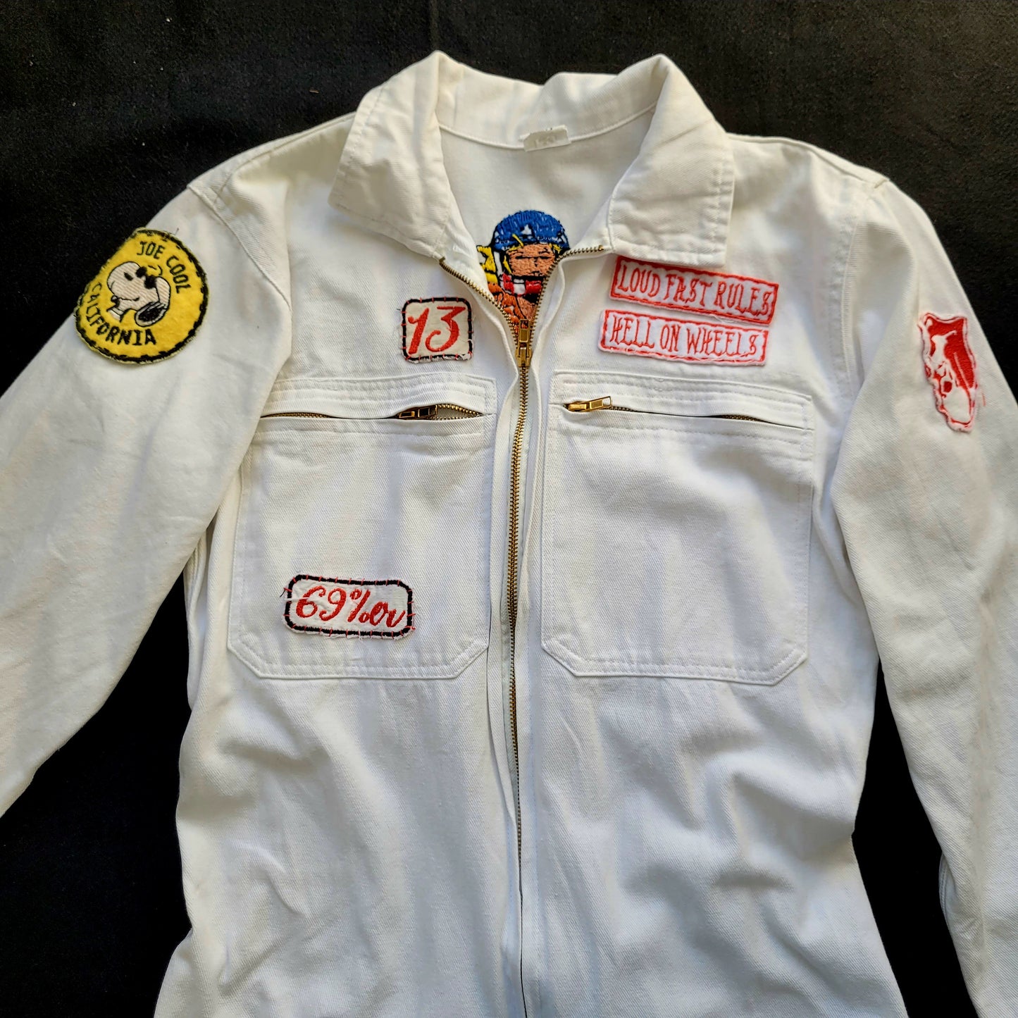 Handembroidery Vintage White Coverall "The Girl on motorcycle " signed by Punk and Coton - PUNK & COTON