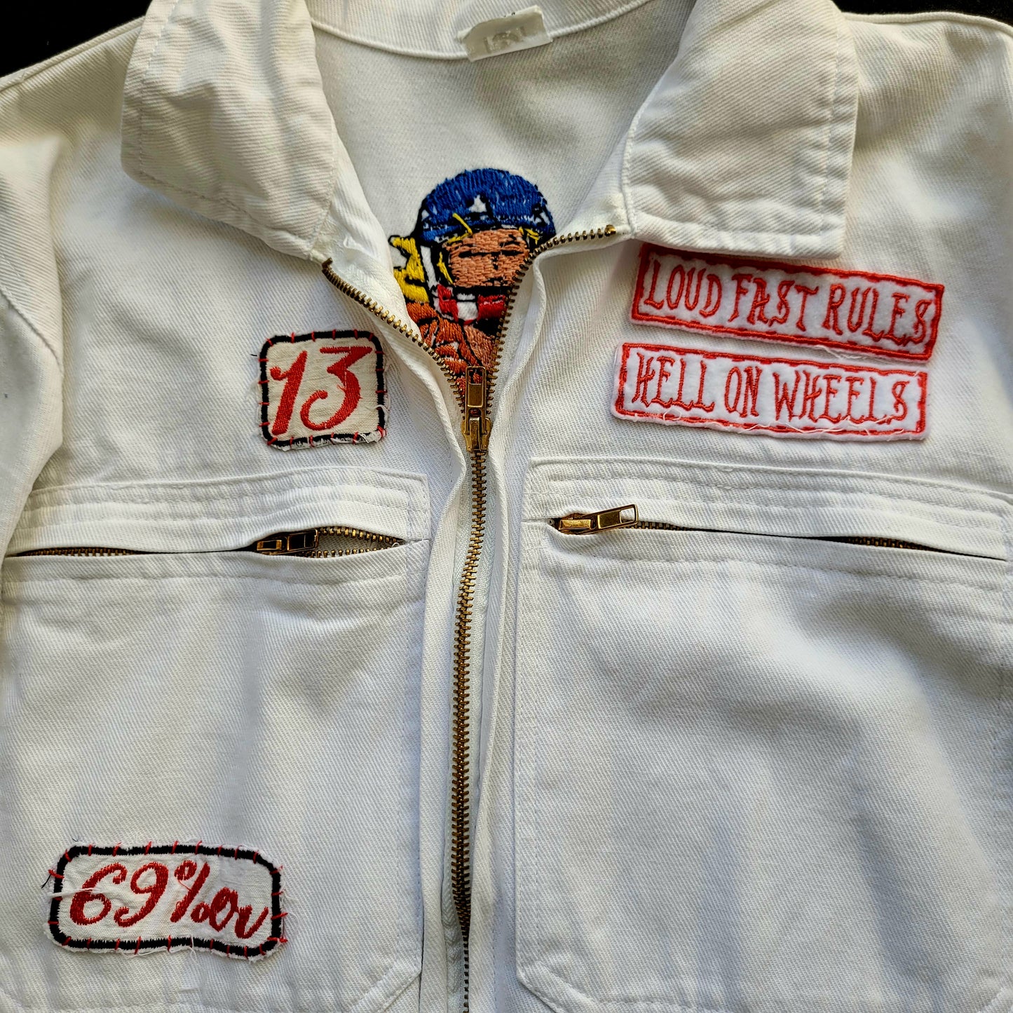 Handembroidery Vintage White Coverall "The Girl on motorcycle " signed by Punk and Coton - PUNK & COTON