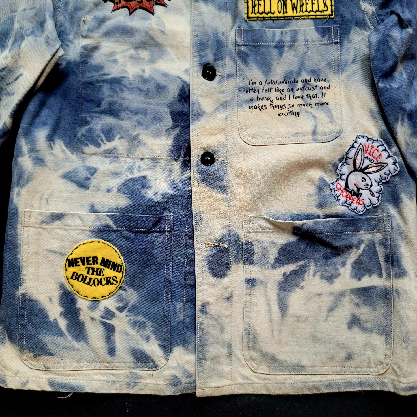New French Workwear Jacket bleached in loving  memory to the artist Pan signed by the Shop Punk and Coton