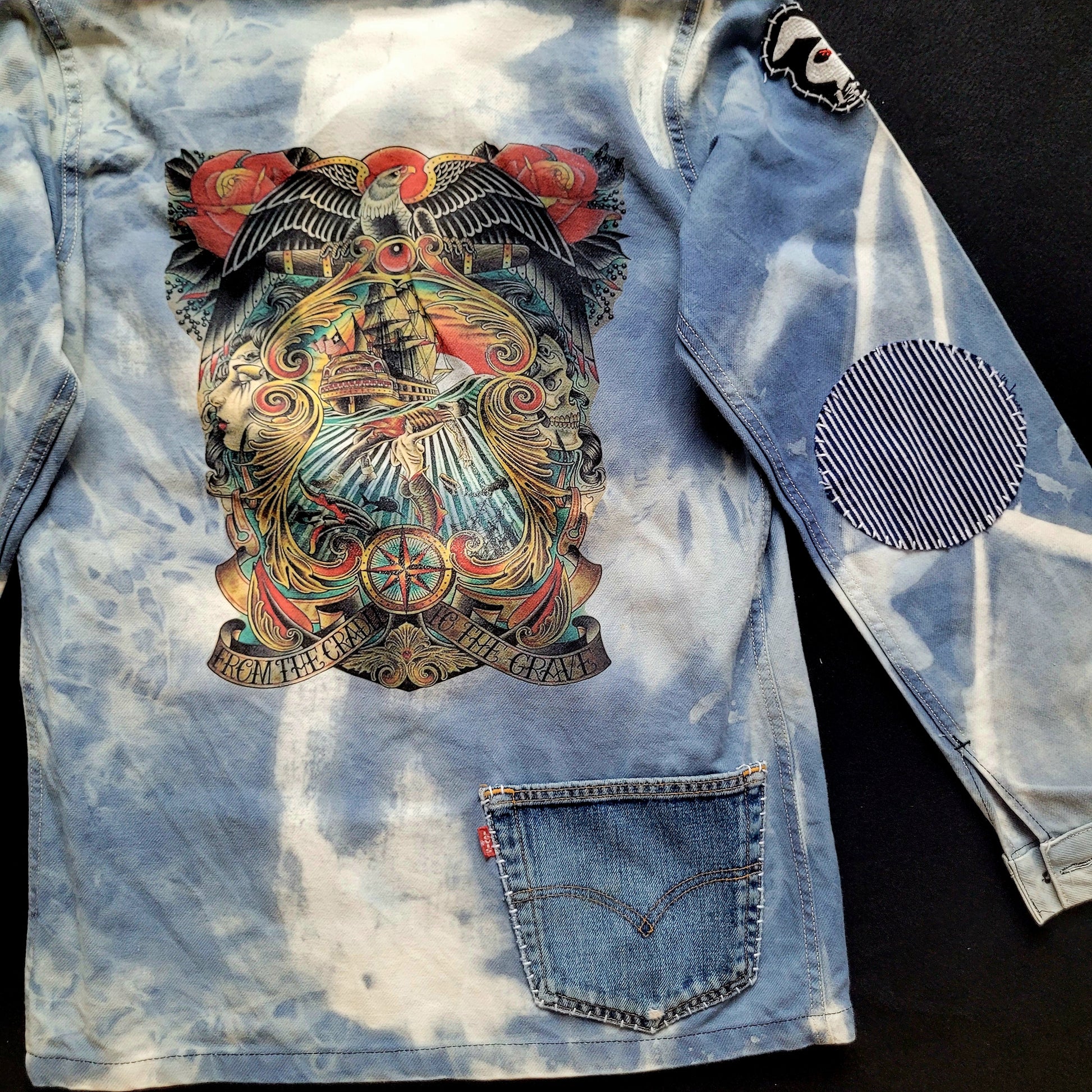 Veste de Travail française personnalisée "Old School tattoo The Sea" & Boro / Sashiko by Sophie - PUNK & COTON