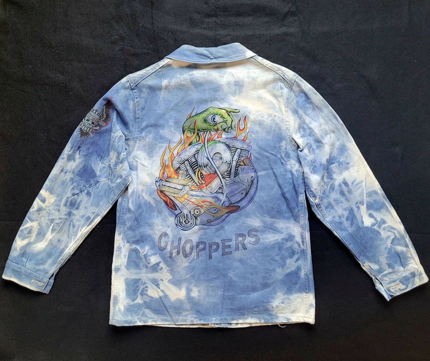 New French Workwear Jacket bleached in loving  memory to the artist Pan signed by the Shop Punk and Coton