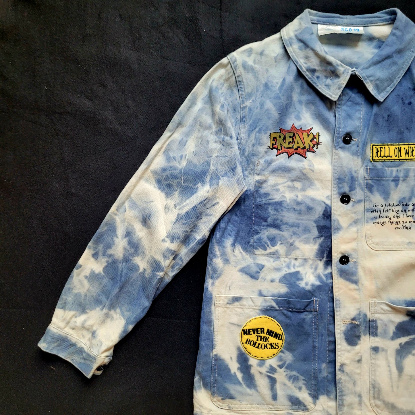 New French Workwear Jacket bleached in loving  memory to the artist Pan signed by the Shop Punk and Coton