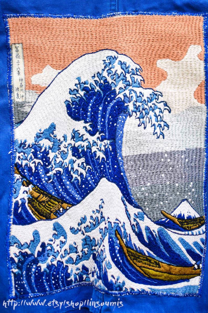 French 60s hand embroidered oversized coverall Hokusai the big Wave of Kanagawa/ Combinaison patinée brodée point de chaînette de la Vague d'HOKUSAI - L'Insoumis Clothing