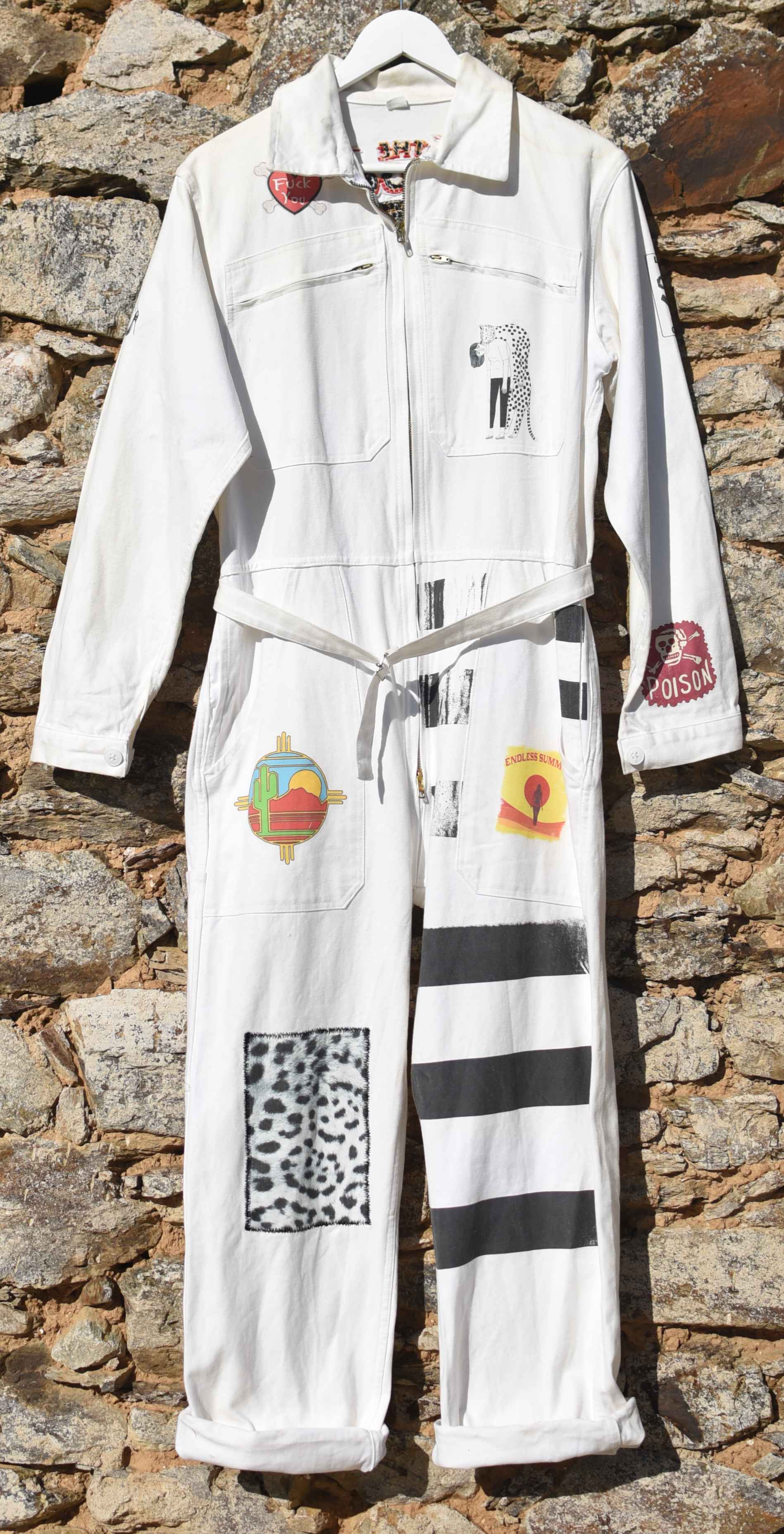 White coverall hand embroidery chainstitch The Stooges/ combinaison blanche brodée points de chaînette - L'Insoumis Clothing