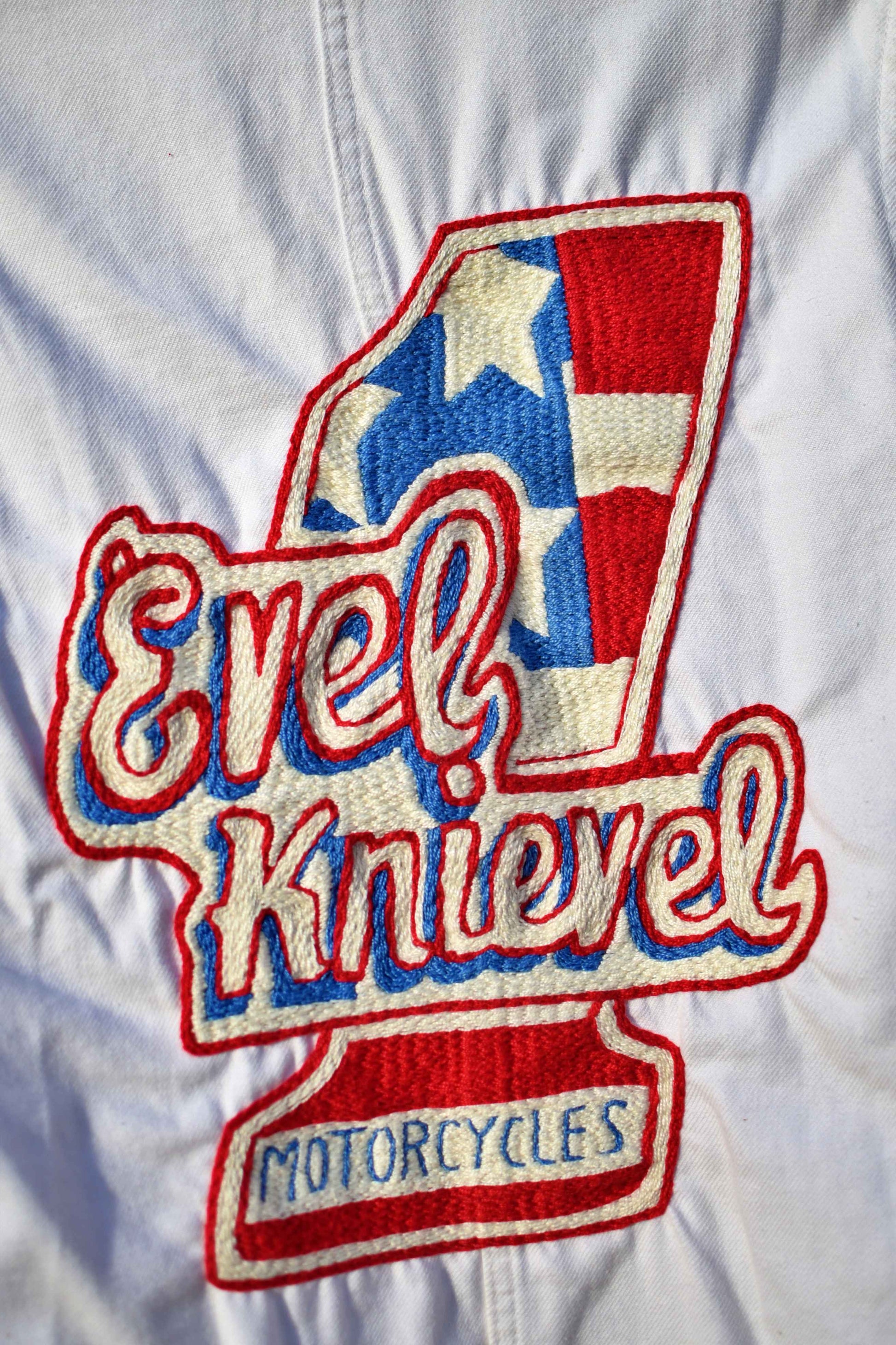 Jacket white workwear from the 50's Evel Knievel  hand embroidered chainstitch/veste ouvrière brodée main point de chaînette - L'Insoumis Clothing