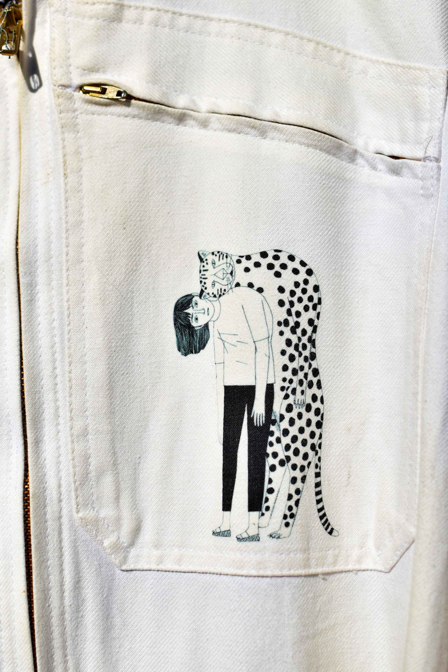 White coverall hand embroidery chainstitch The Stooges/ combinaison blanche brodée points de chaînette - L'Insoumis Clothing