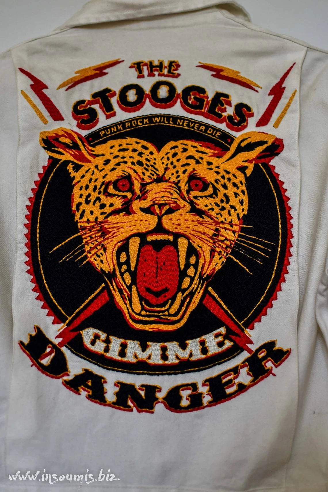 White coverall hand embroidery chainstitch The Stooges/ combinaison blanche brodée points de chaînette - L'Insoumis Clothing