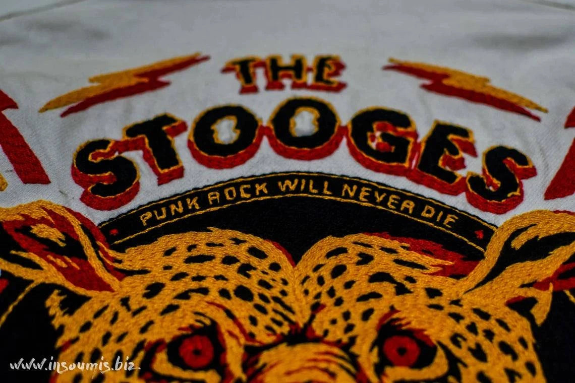 White coverall hand embroidery chainstitch The Stooges/ combinaison blanche brodée points de chaînette - L'Insoumis Clothing