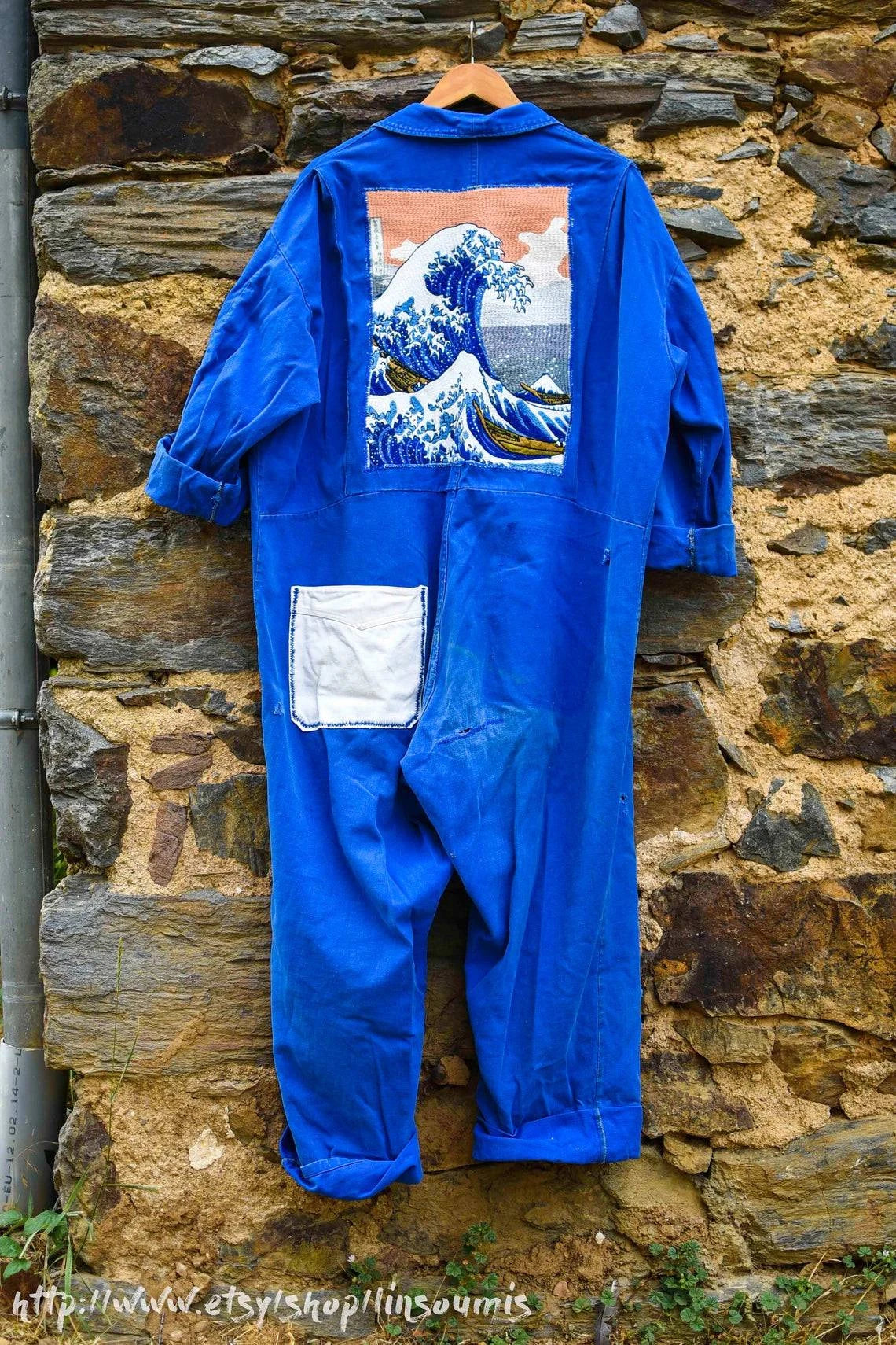 French 60s hand embroidered oversized coverall Hokusai the big Wave of Kanagawa/ Combinaison patinée brodée point de chaînette de la Vague d'HOKUSAI - L'Insoumis Clothing