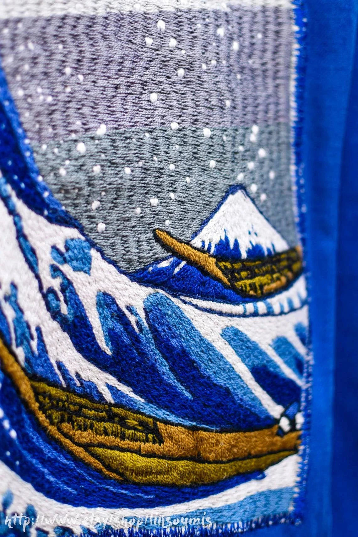 French 60s hand embroidered oversized coverall Hokusai the big Wave of Kanagawa/ Combinaison patinée brodée point de chaînette de la Vague d'HOKUSAI - L'Insoumis Clothing