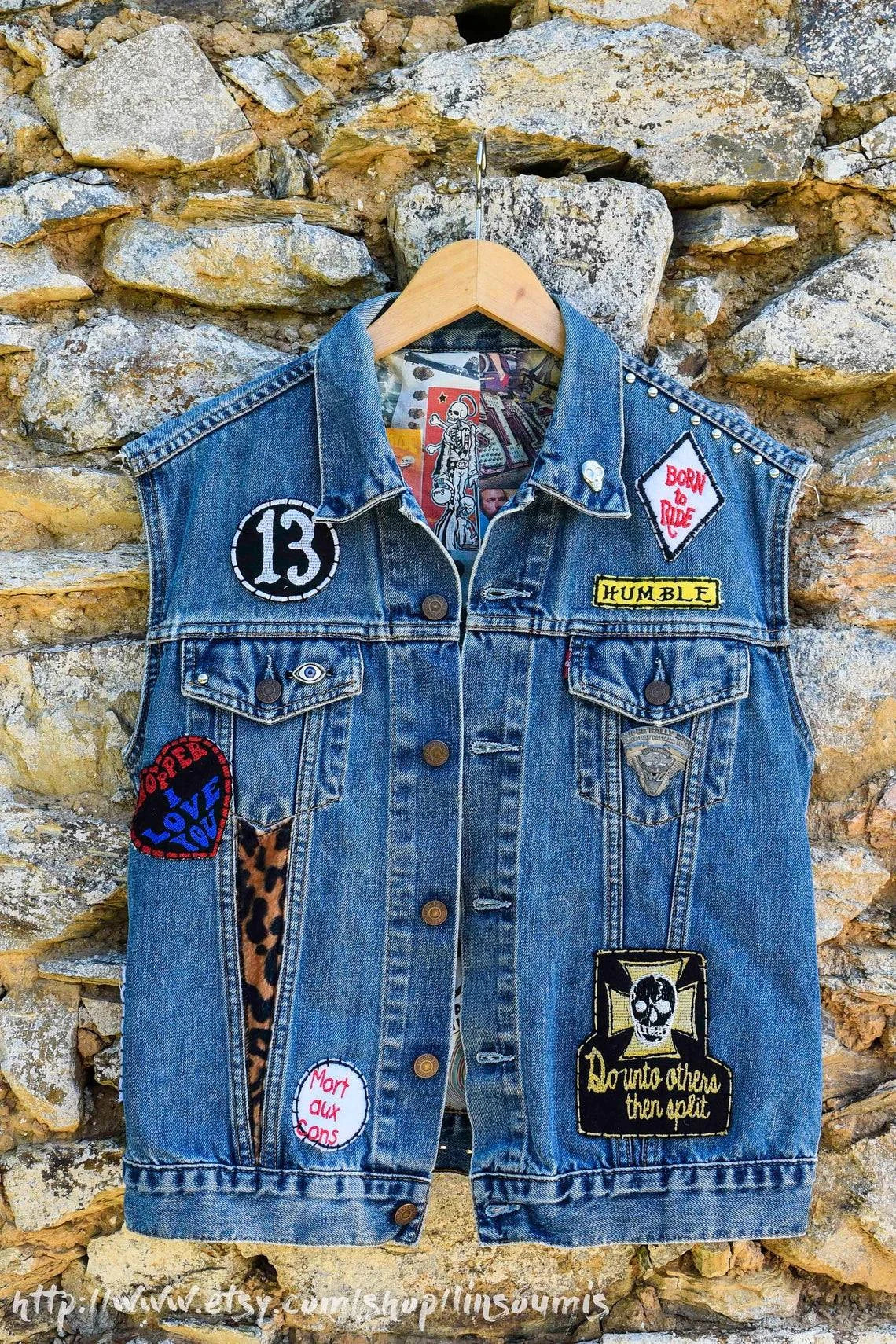 Biker gang cut handembroidered with sin printed liner/veste sans manche Levis avec broderie, patchs et doublure interne - L'Insoumis Clothing