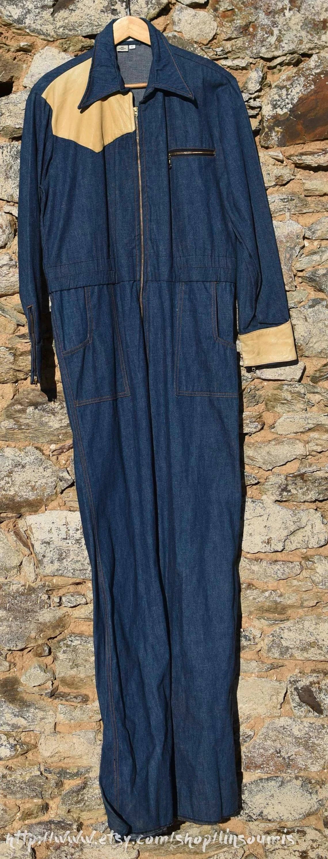 USA Coverall 70's en denim et cuir / Combinaison vintage 70's - L'Insoumis Clothing